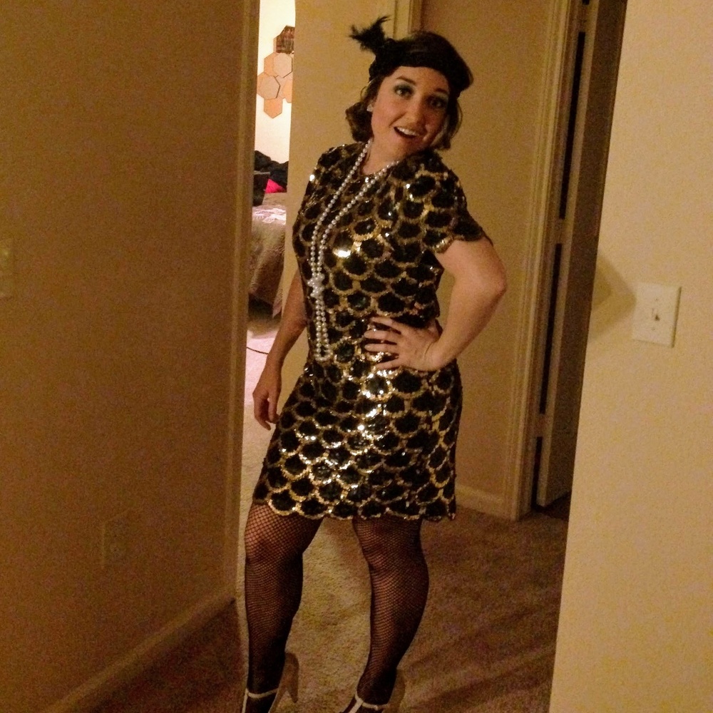 Vintage Sequin Mermaid Scale Black and Gold Dress